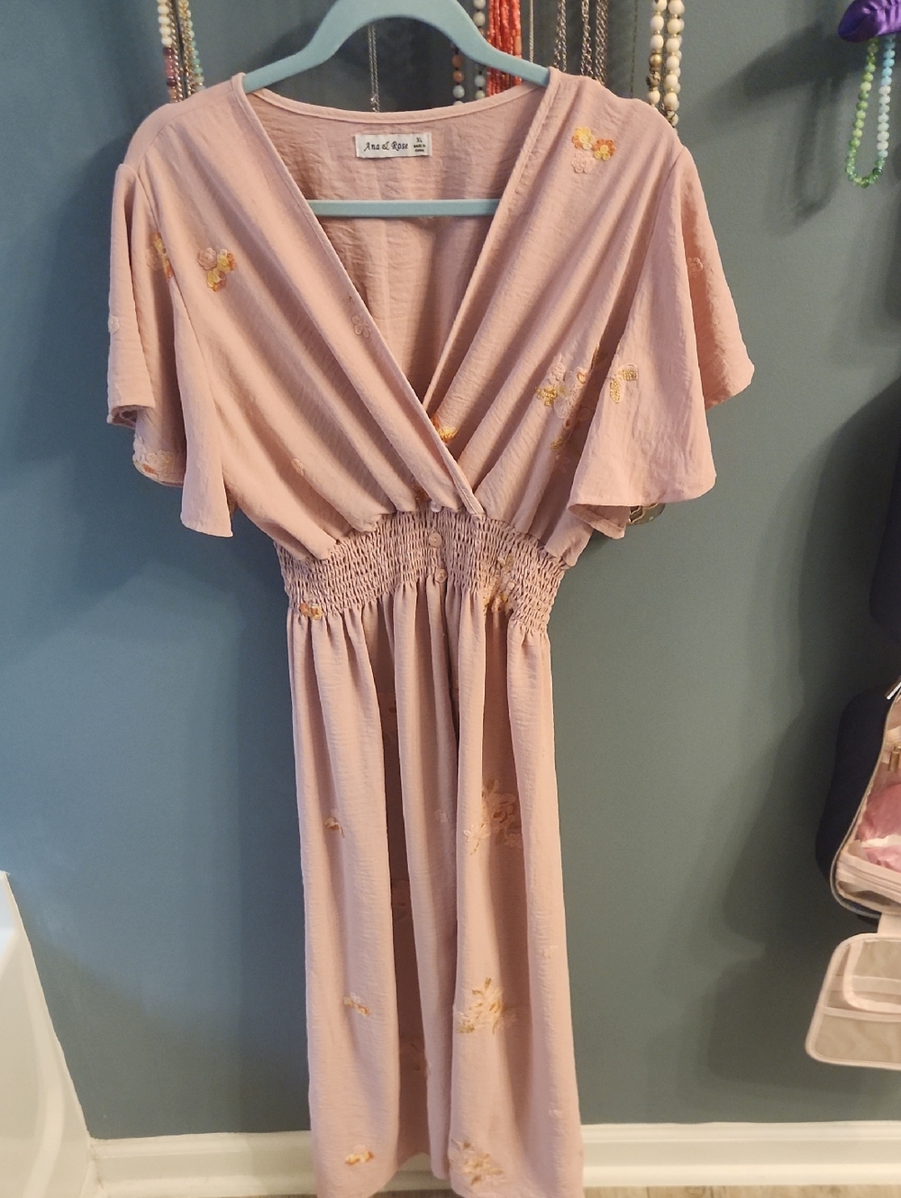 Blush Pink Floral FeminineShabby Chic Embroidered Midi Dress